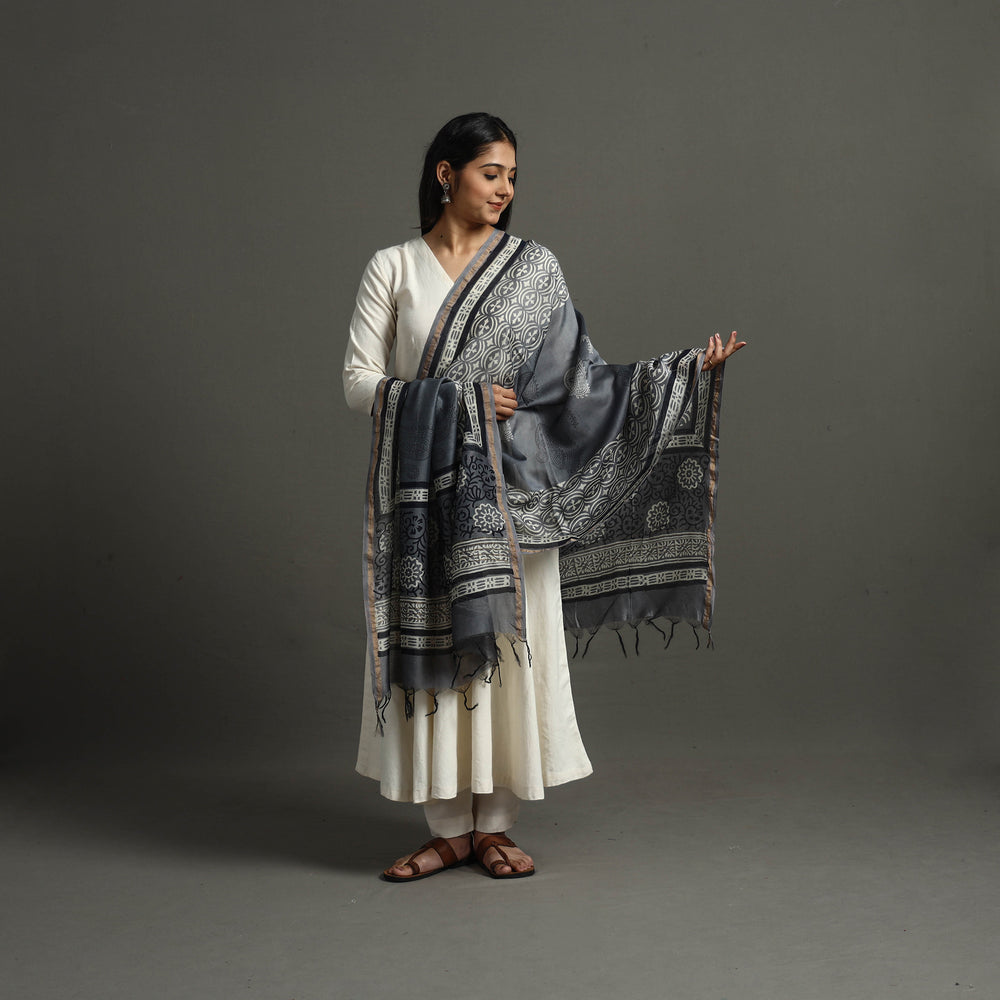 Grey - Block Printed Chanderi Silk Bagru Dupatta 29