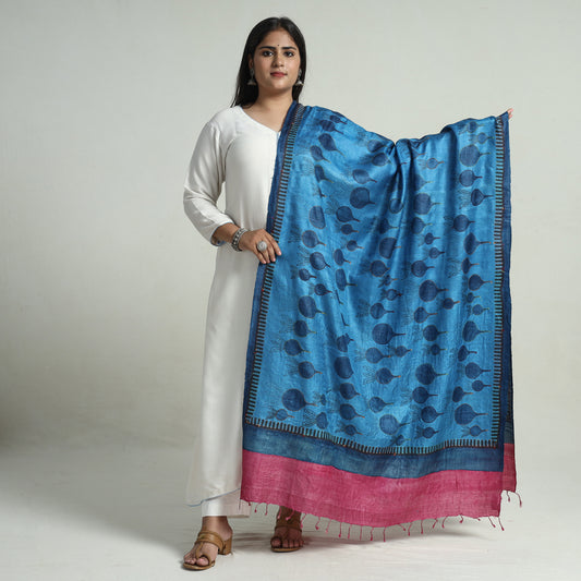 Blue - Bengal Kantha Embroidery Block Printed Tussar Silk Handloom Dupatta 150