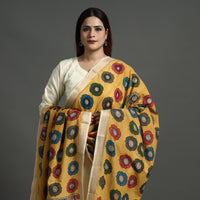 Yellow - Srikalahasti Pen Work Kalamkari Cotton Handpainted Zari Border Dupatta with Tassels 121