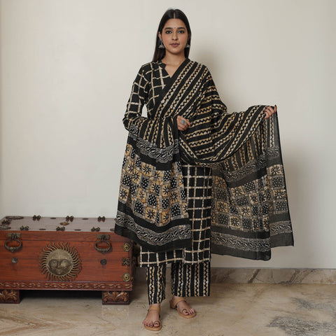 Black - Hand Batik Printed Cotton Kurta with Palazzo & Dupatta Set 11
