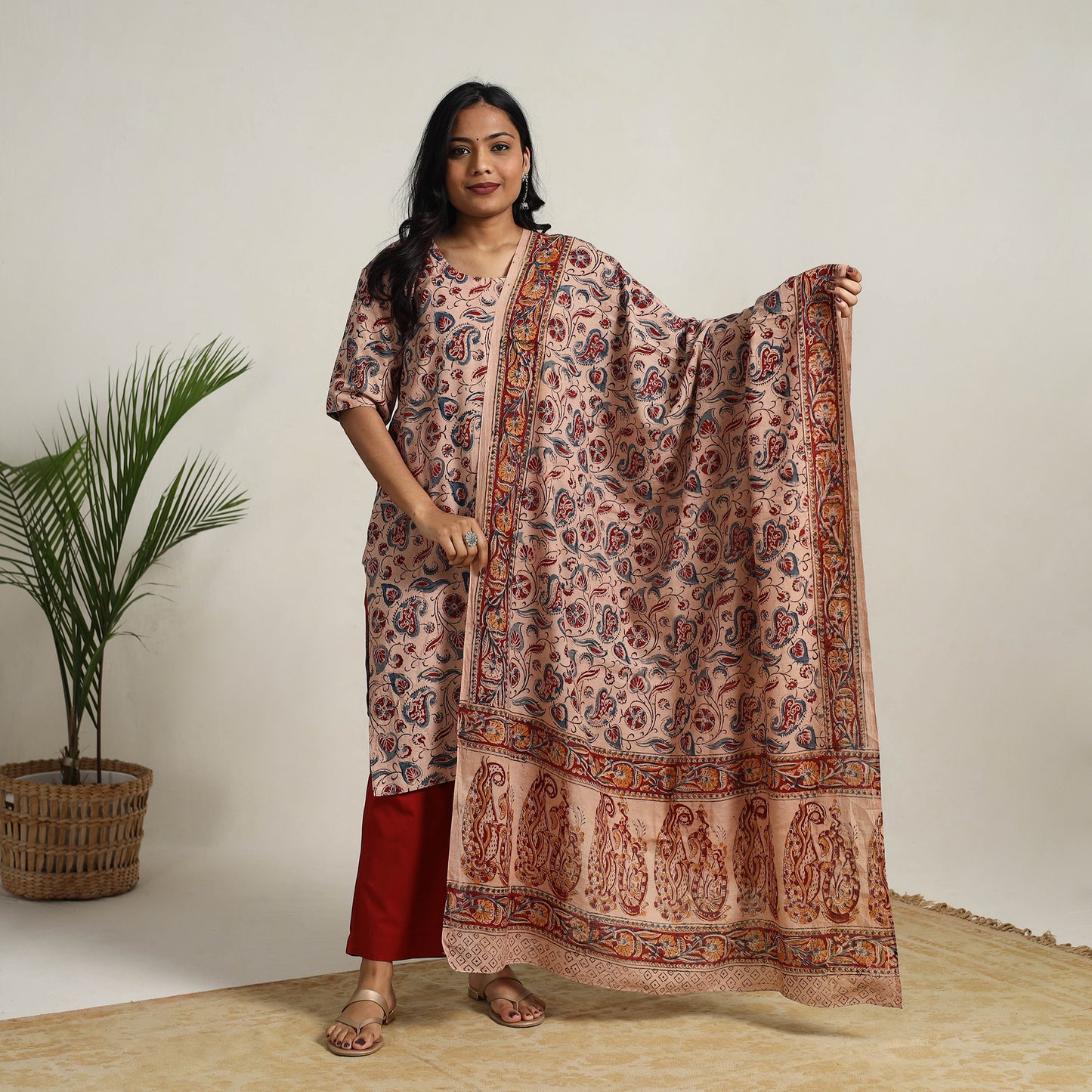 Buy Beige Block Printed Cotton Kalamkari Kurta Set