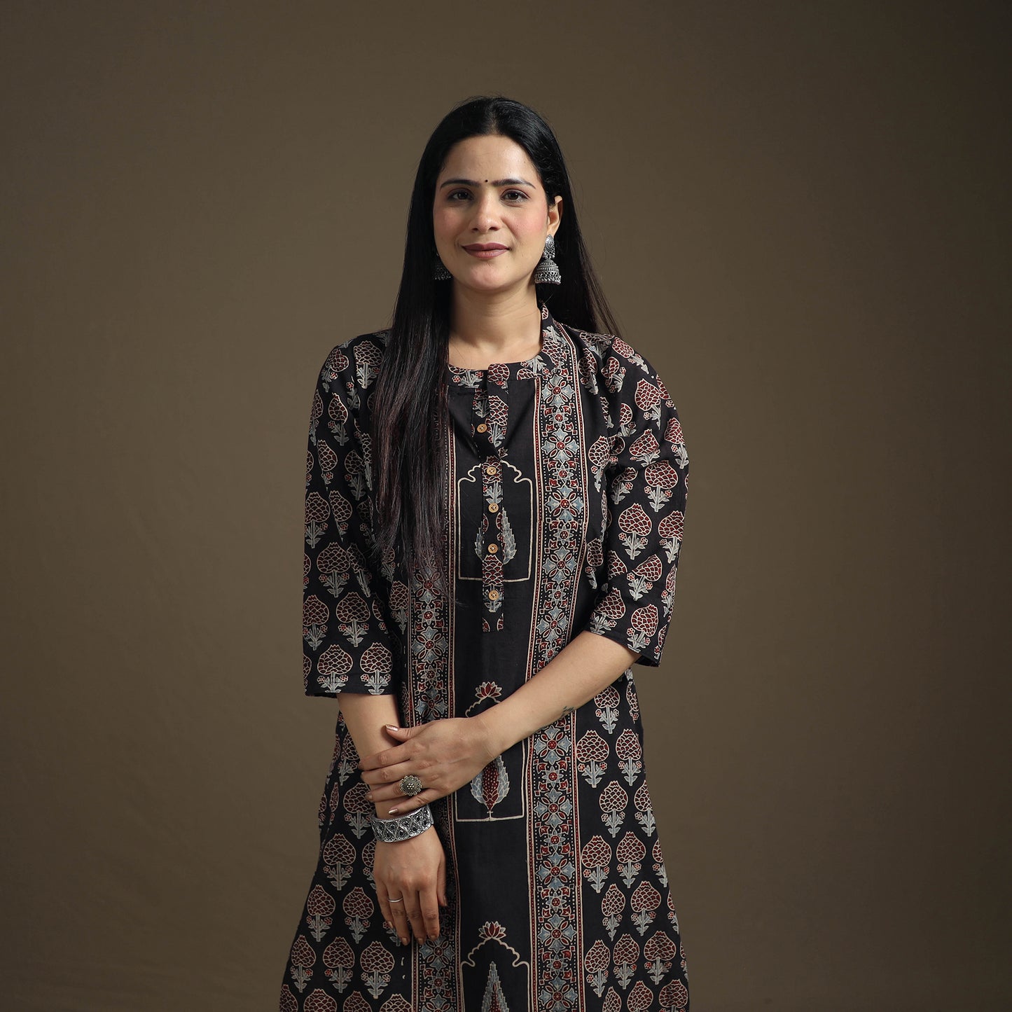 Hand Block Print Cotton Straight Long Ajrakh Kurta for Women 07