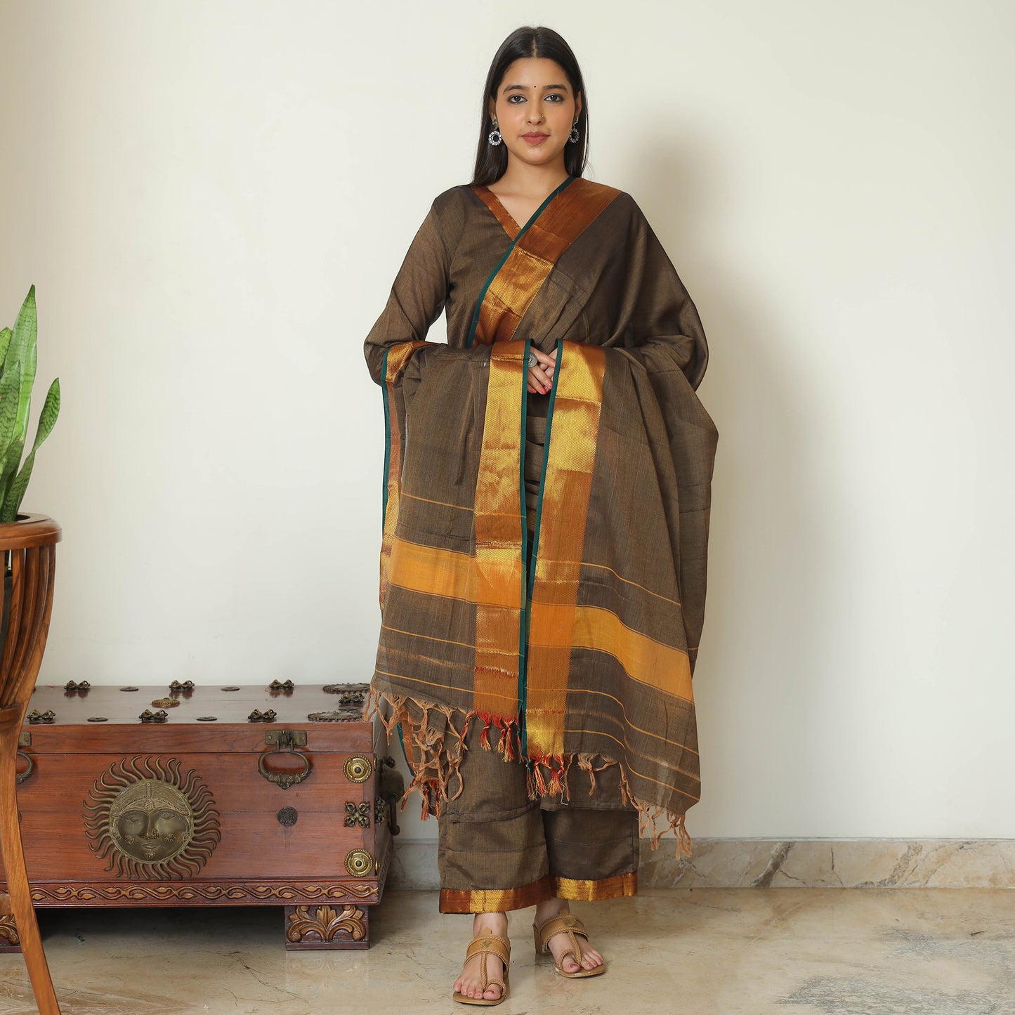 Brown - Dharwad Cotton Kurta with Palazzo & Dupatta Set 10