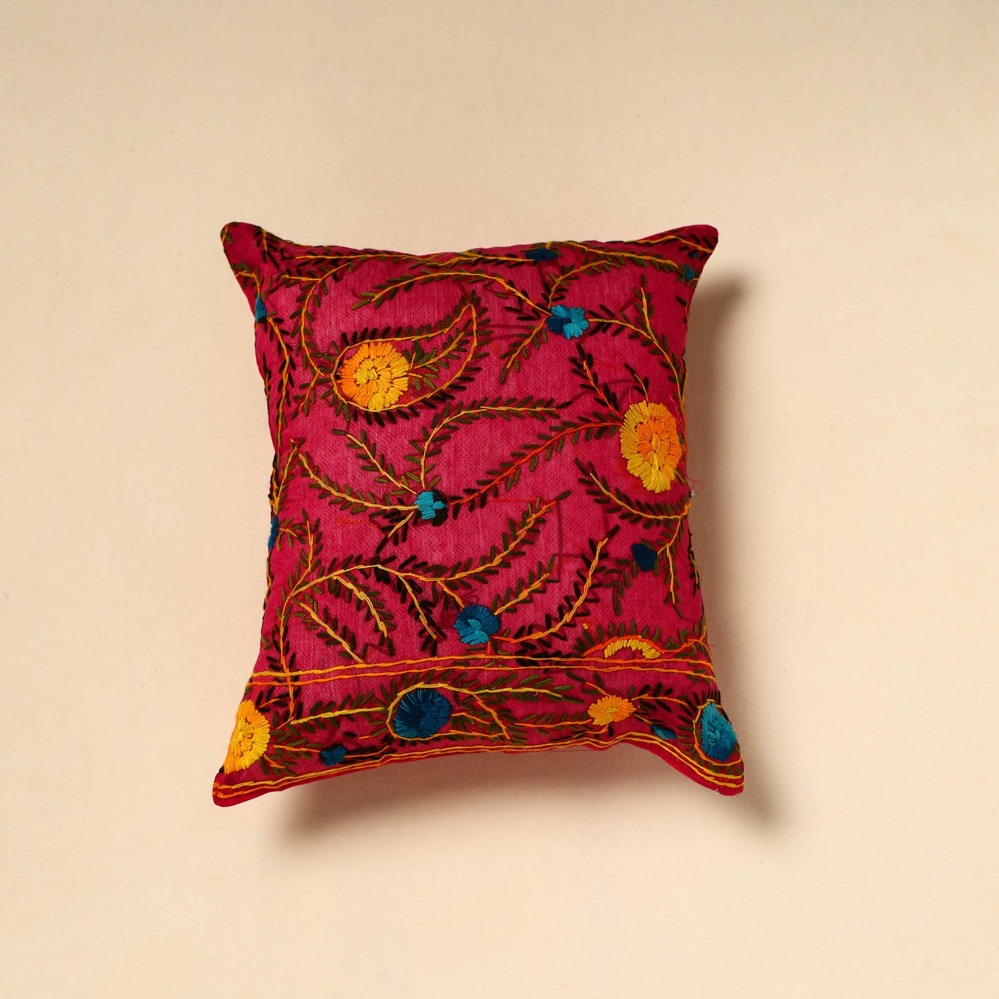 Buy Pink Silk Cotton Phulkari Embroidered Cushion Cover