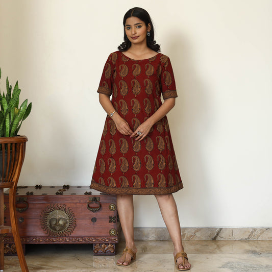 Red - Bagh Hand Block Printed Cotton Dress