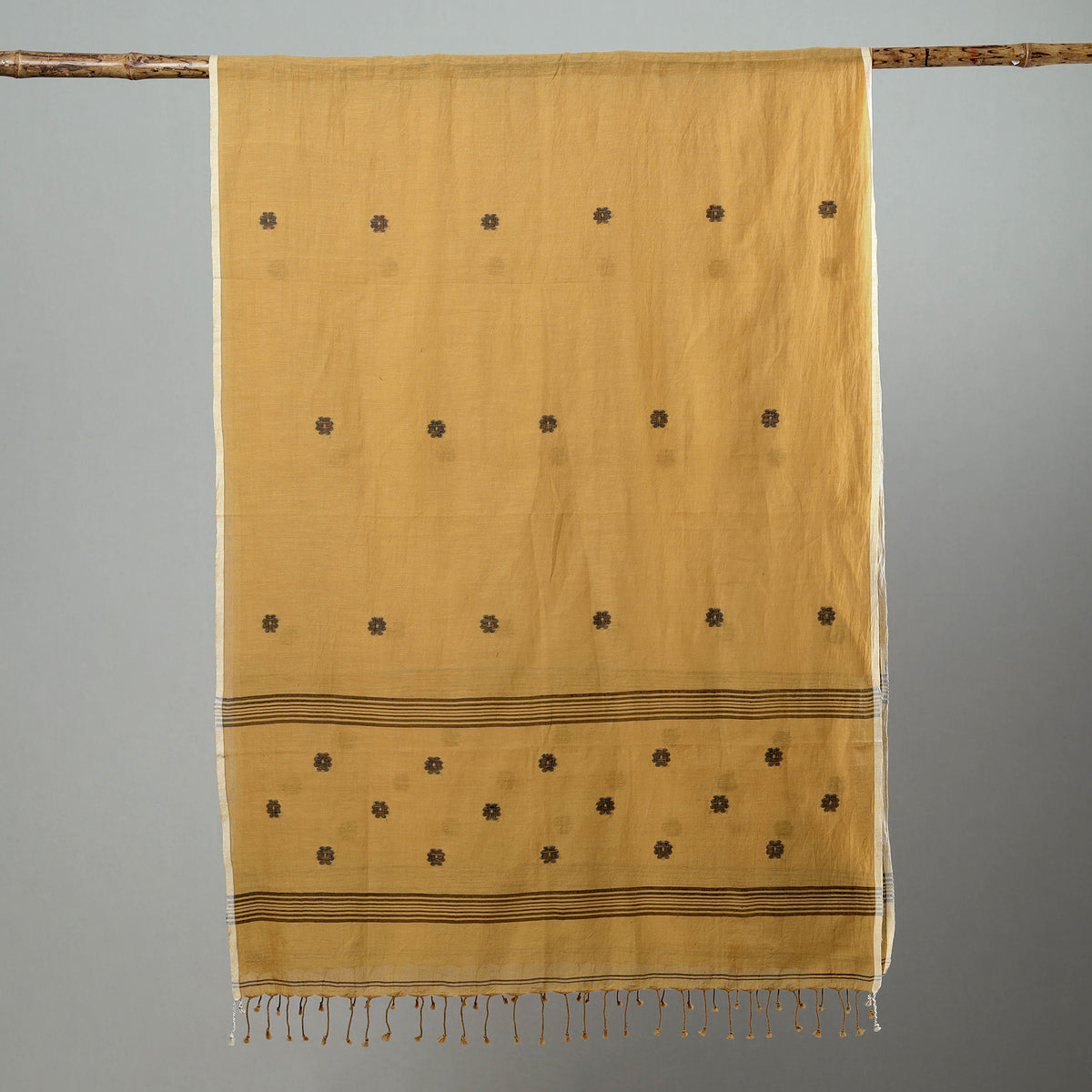 Brown - Burdwan Jamdani Cotton Handloom Stole with Tassels 05