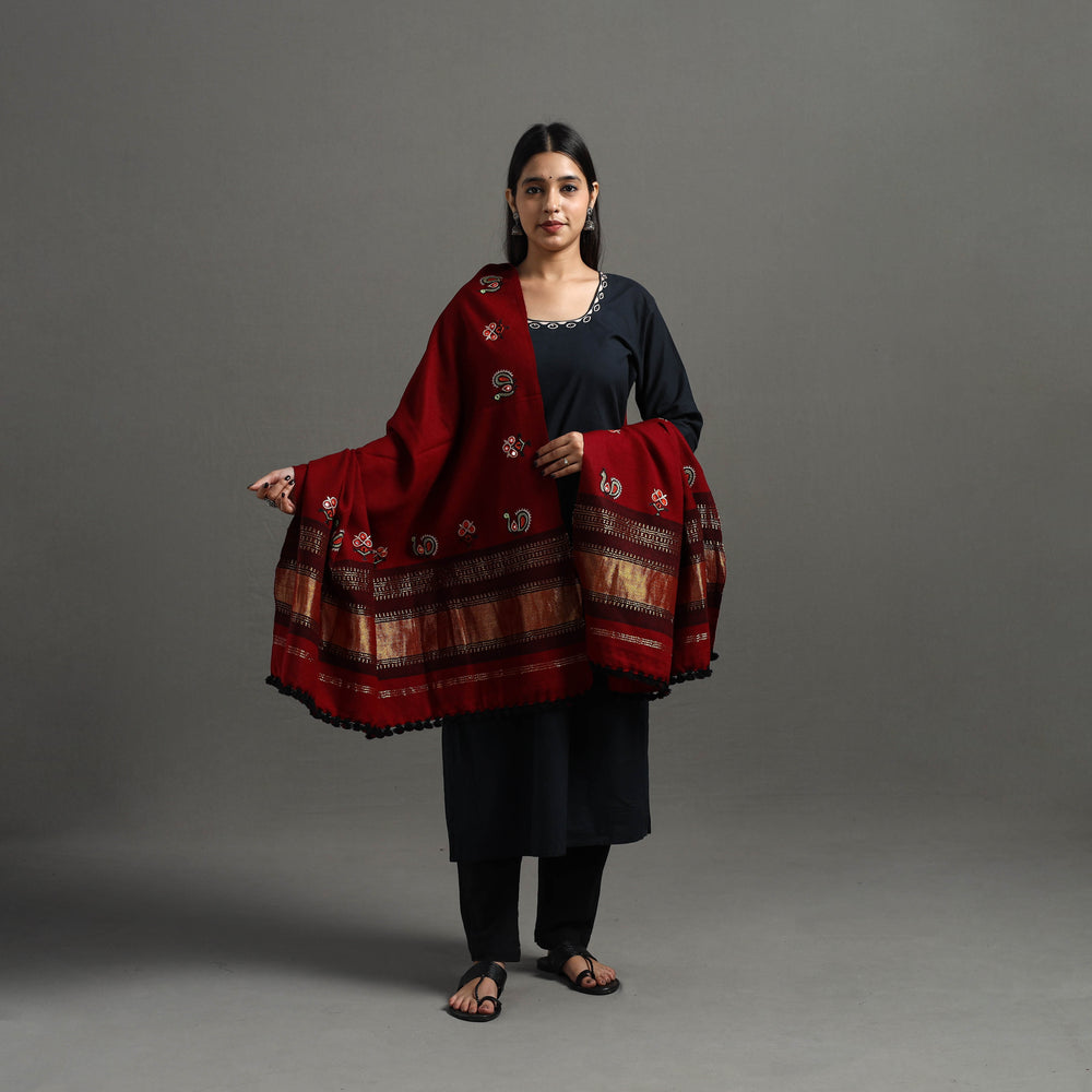 Red - Kutch Ahir Hand Embroidery Woollen Shawl 55