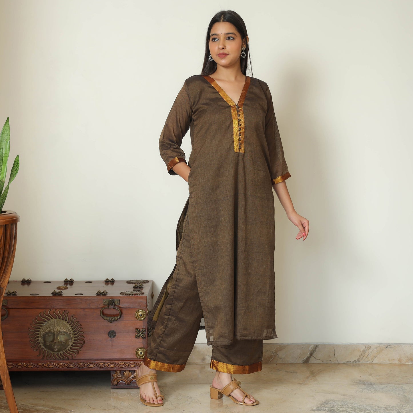 Brown - Dharwad Cotton Kurta with Palazzo & Dupatta Set 10