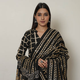 Black - Hand Batik Printed Cotton Kurta with Palazzo & Dupatta Set 11