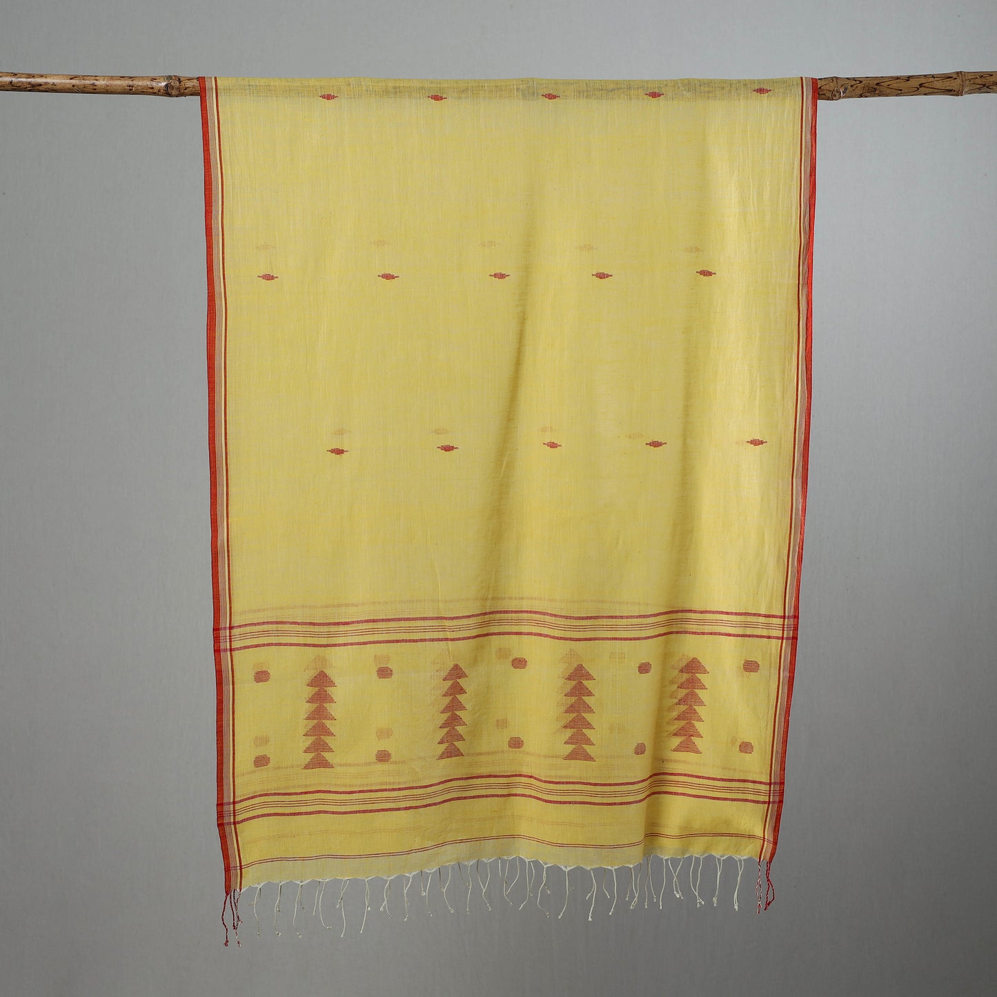 Yellow - Burdwan Jamdani Cotton Handloom Stole with Tassels 01