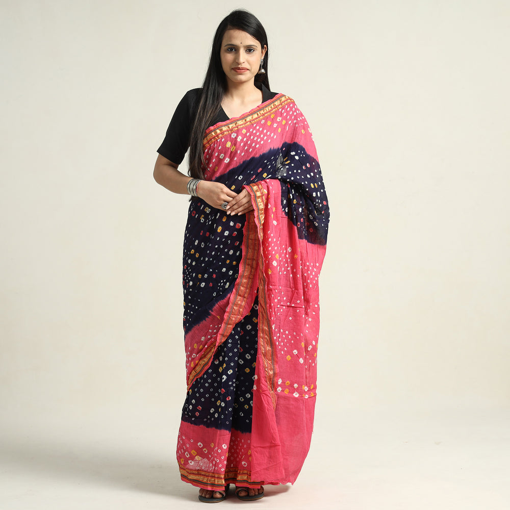 Pink - Kutch Bandhani Tie-Dye Cotton Saree with Blouse Piece