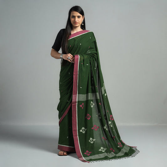 Green - Phulia Jamdani Handloom Cotton Saree with Tassels