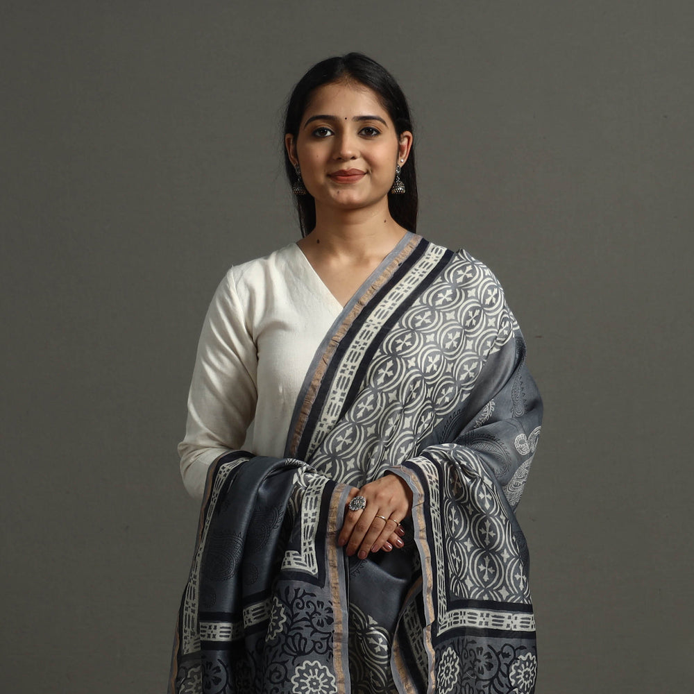 Grey - Block Printed Chanderi Silk Bagru Dupatta 29