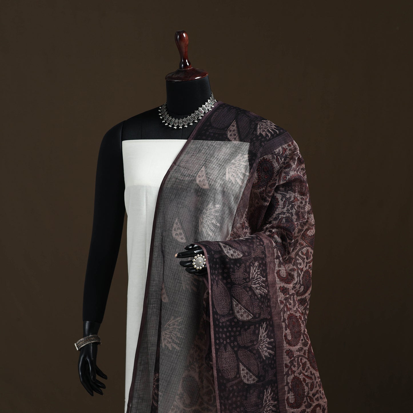Black - Ajrakh Vanaspati Hand Block Print Natural Dyed Kota Doria Cotton Dupatta 17
