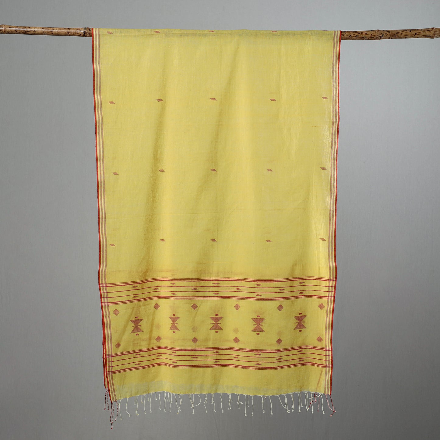 Yellow - Burdwan Jamdani Cotton Handloom Stole with Tassels 02