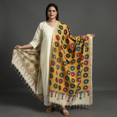 Yellow - Srikalahasti Pen Work Kalamkari Cotton Handpainted Zari Border Dupatta with Tassels 121