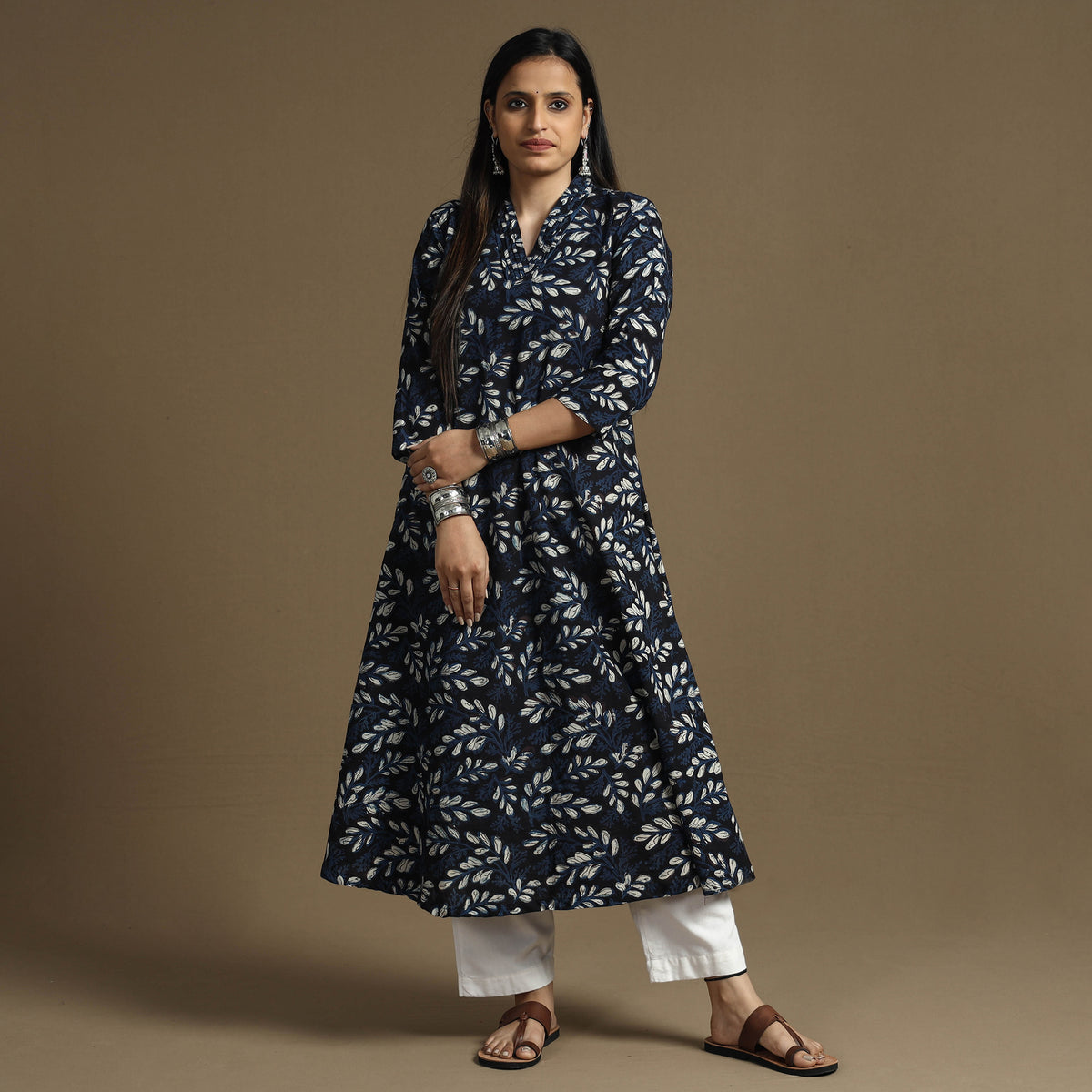 Blue - Bagru Hand Block Printed Cotton A-Line Long Kurta