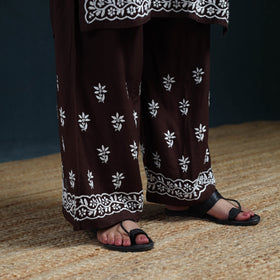 Brown - Hand Embroidered Rayon Chikankari Kurta with Palazzo Set for Women 13