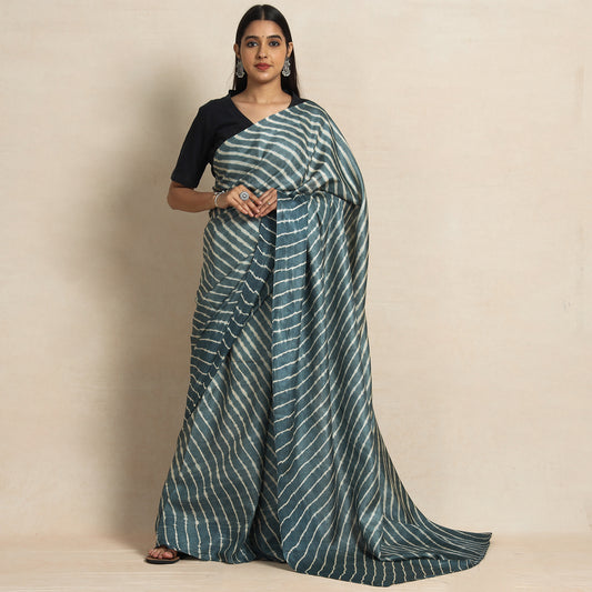 Grey - Leheriya Tie-Dye Tussar Silk Handloom Saree