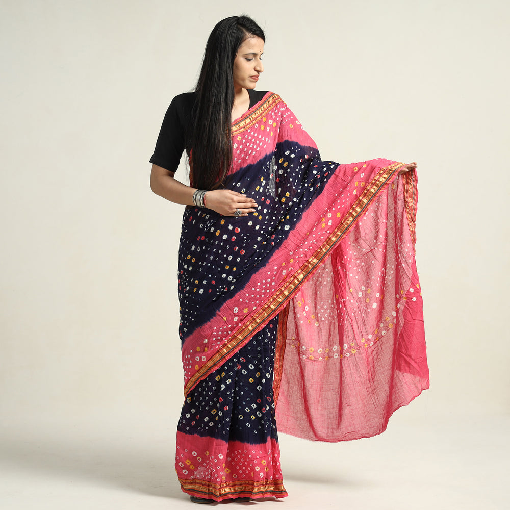 Pink - Kutch Bandhani Tie-Dye Cotton Saree with Blouse Piece