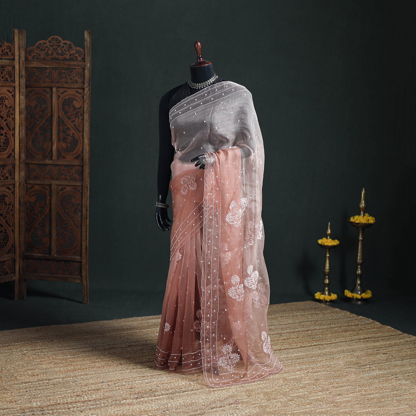 Lucknowi Chikankari Heavy Bead Work Pure Organza Silk Saree 07