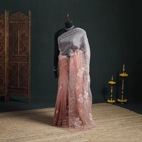 Lucknowi Chikankari Heavy Bead Work Pure Organza Silk Saree 07