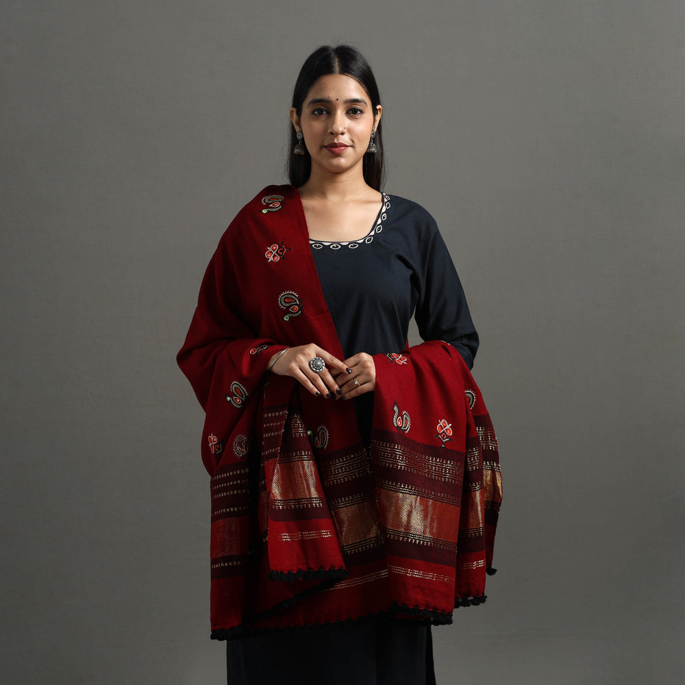 Red - Kutch Ahir Hand Embroidery Woollen Shawl 55