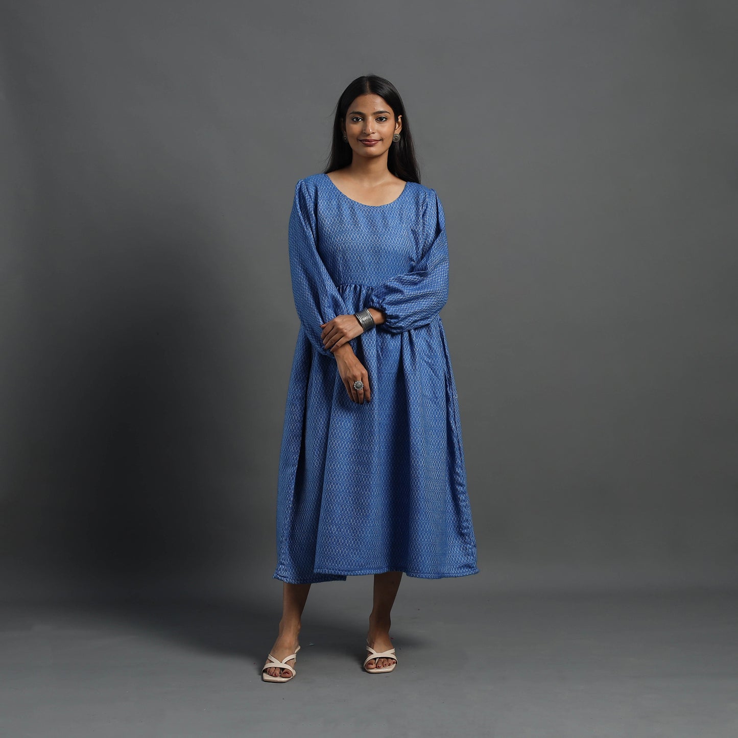 Jannat Blue Plain Flared Woollen Dress 01