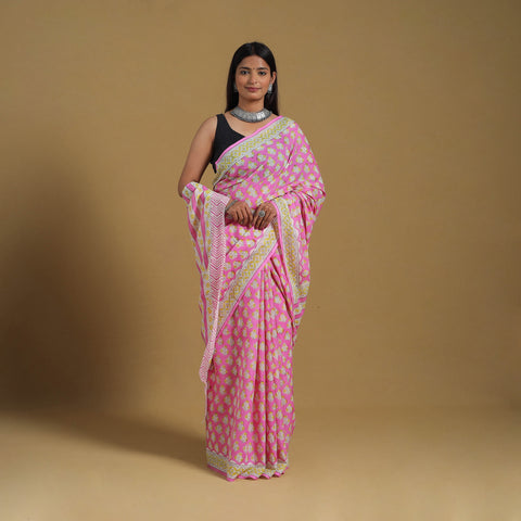 Pink - Block Print Mul Cotton Sanganeri Saree 04