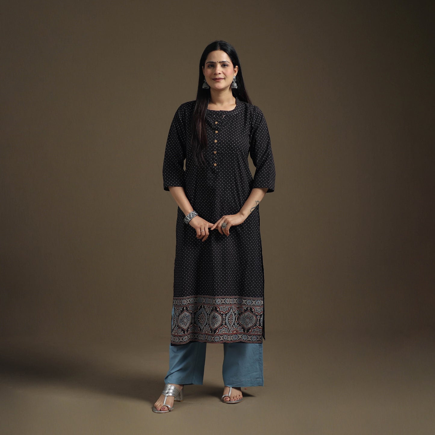 Hand Block Print Cotton Straight Long Ajrakh Kurta for Women 08
