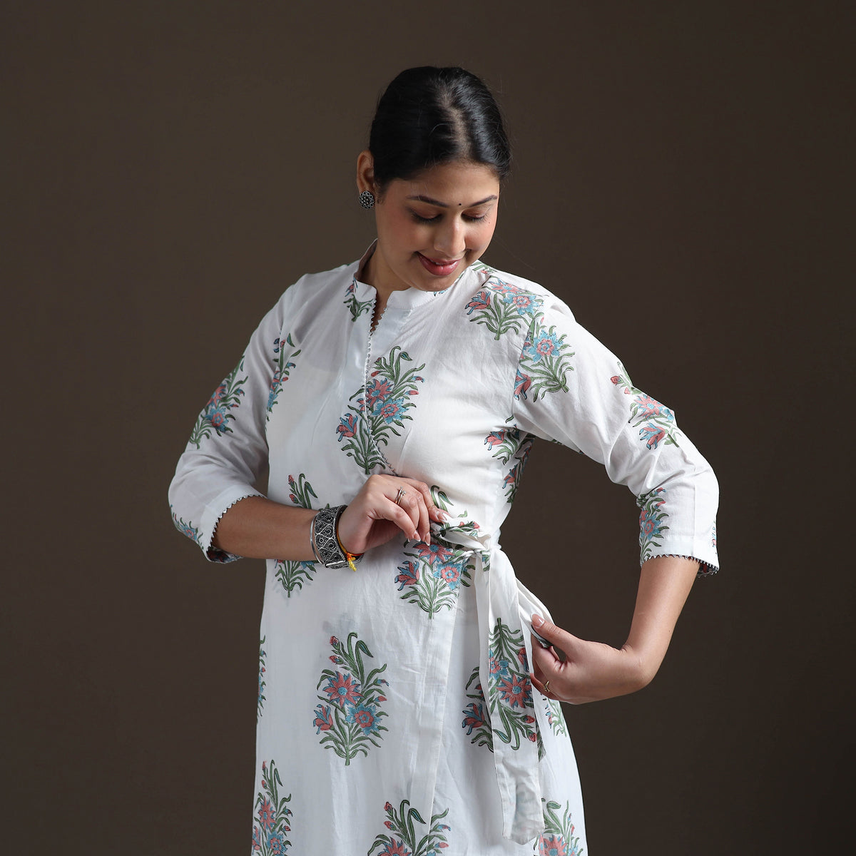 Gota Work Floral Sanganeri Block Print Cotton A-Line Angrakha Kurta for Women 17