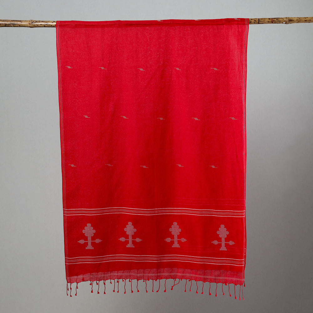 Red - Burdwan Jamdani Cotton Handloom Stole with Tassels 07