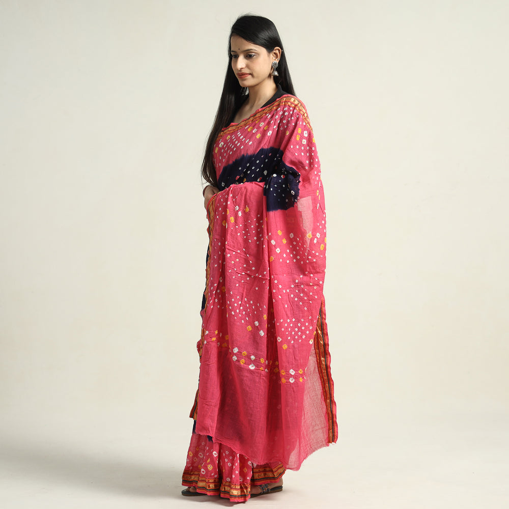 Pink - Kutch Bandhani Tie-Dye Cotton Saree with Blouse Piece