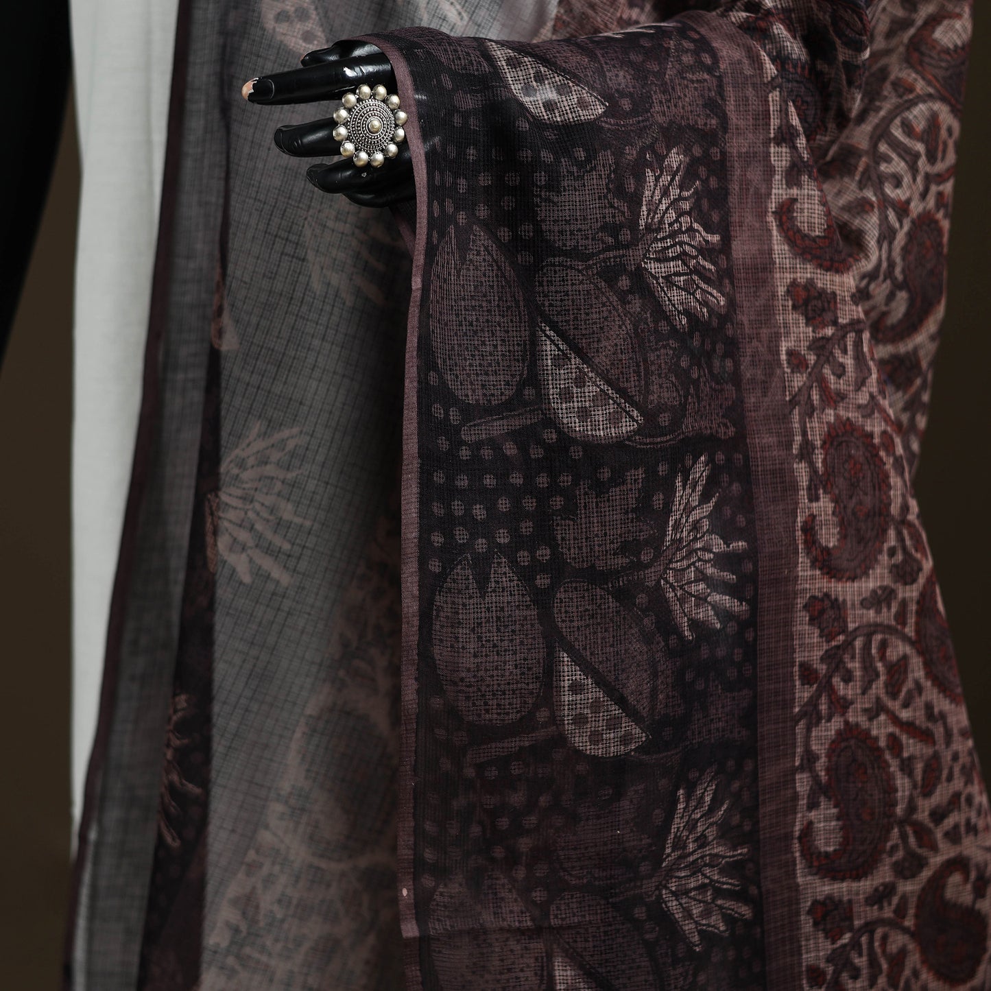 Black - Ajrakh Vanaspati Hand Block Print Natural Dyed Kota Doria Cotton Dupatta 17