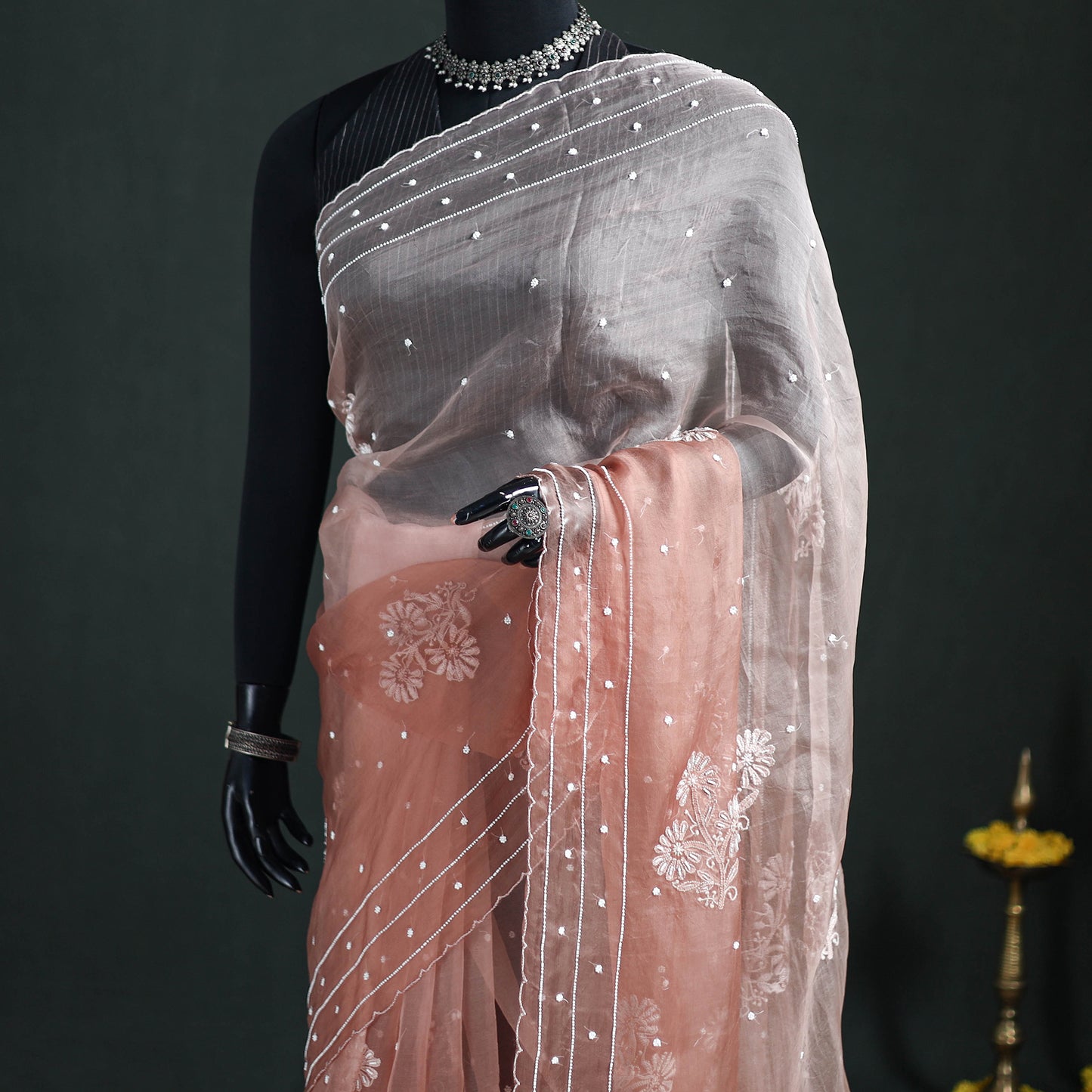 Lucknowi Chikankari Heavy Bead Work Pure Organza Silk Saree 07