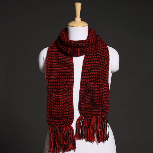 Red - Kumaun Hand Knitted Woolen Muffler with Pockets