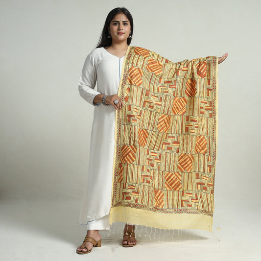 Yellow - Bengal Kantha Embroidery Tussar Silk Cotton Handloom Dupatta with Tassels 151