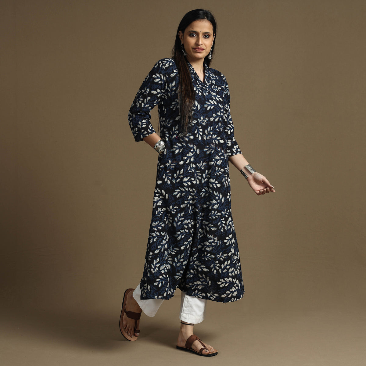 Blue - Bagru Hand Block Printed Cotton A-Line Long Kurta