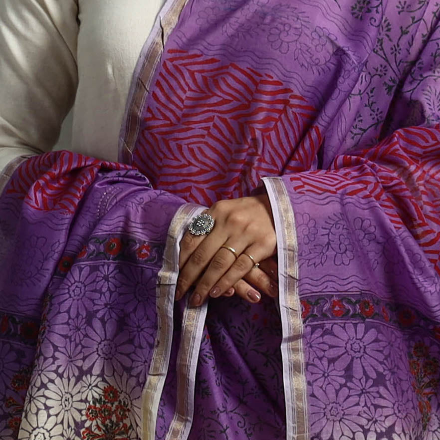 Purple - Block Printed Chanderi Silk Bagru Dupatta 30