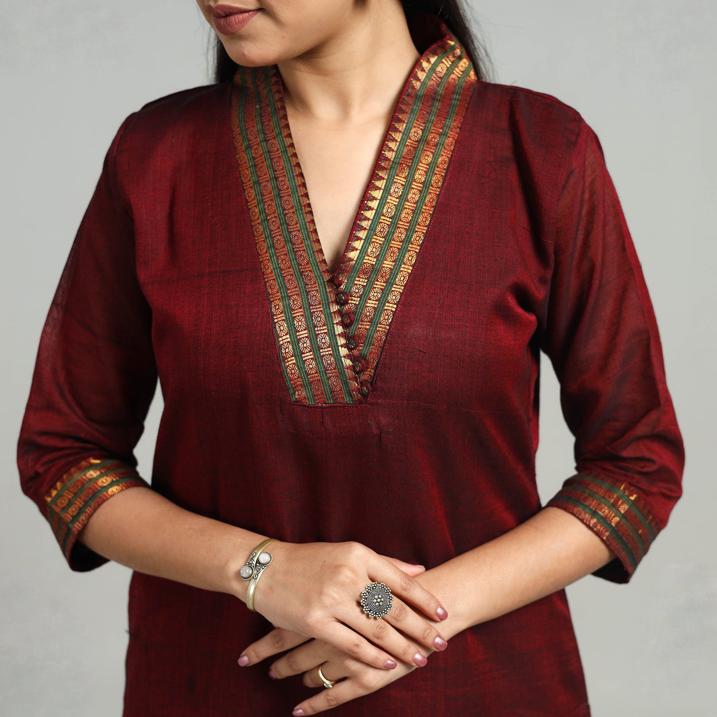 Maroon - Cotton Dharwad Kurta Set with Palazzo & Dupatta 08