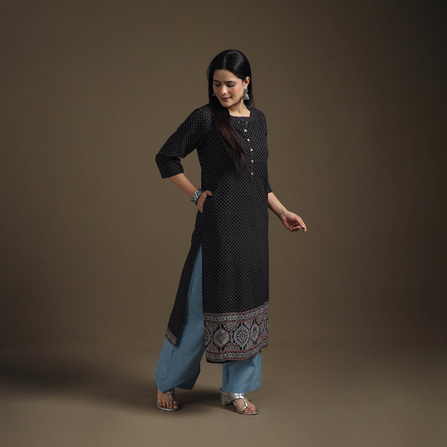 Hand Block Print Cotton Straight Long Ajrakh Kurta for Women 08