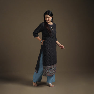 Hand Block Print Cotton Straight Long Ajrakh Kurta for Women 08