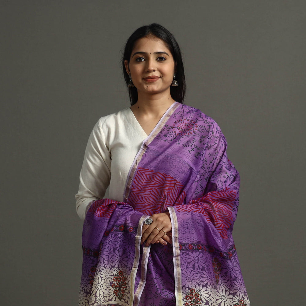 Purple - Block Printed Chanderi Silk Bagru Dupatta 30