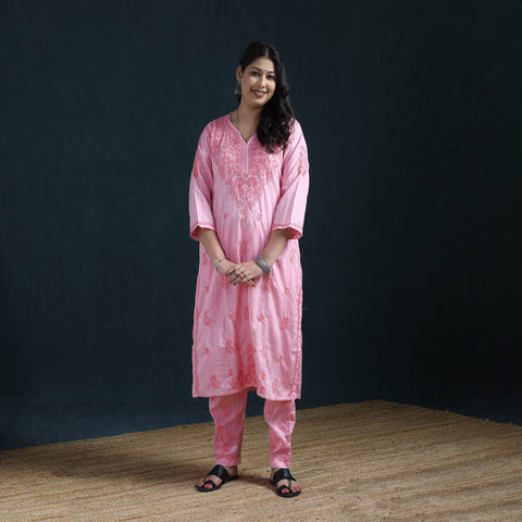 Pink - Hand Embroidered Rayon Cotton Chikankari Kurta with Pant Set for Women 19