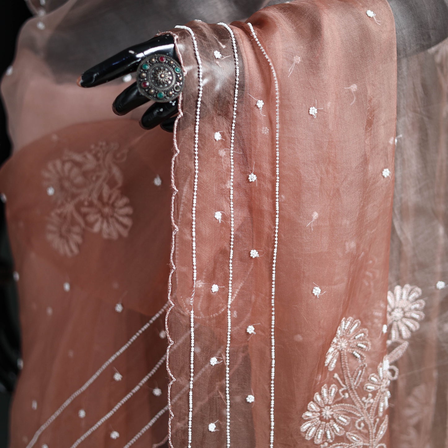 Lucknowi Chikankari Heavy Bead Work Pure Organza Silk Saree 07