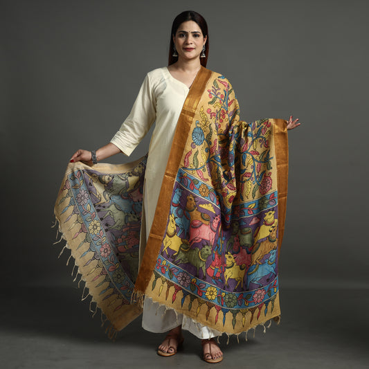 Yellow - Srikalahasti Pen Work Kalamkari Chanderi Silk Handpainted Zari Border Dupatta with Tassels 06