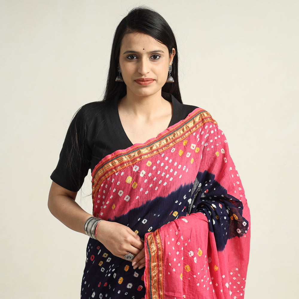 Pink - Kutch Bandhani Tie-Dye Cotton Saree with Blouse Piece