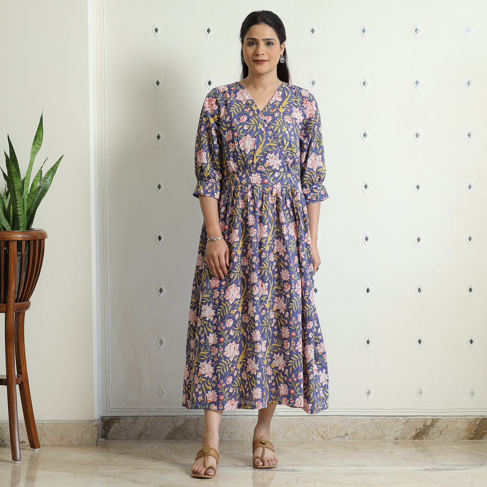 Blue - Sanganeri Block Printed Cotton Angrakha Flared Dress