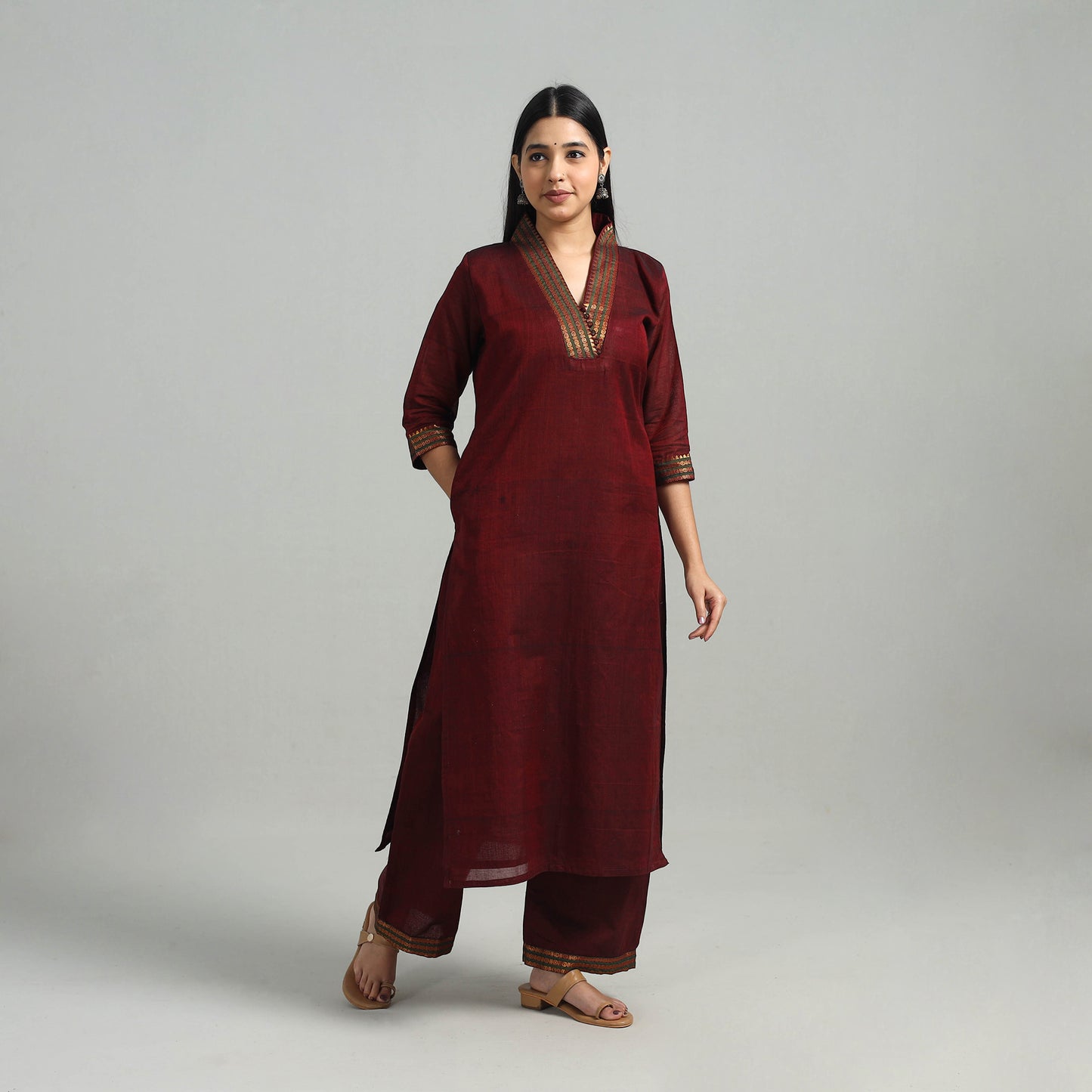 Maroon - Cotton Dharwad Kurta Set with Palazzo & Dupatta 08