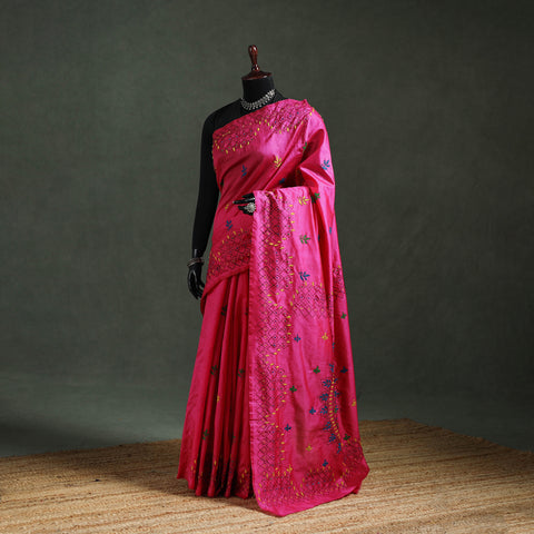 Pink - Bengal Nakshi Kantha Hand Embroidered Silk Saree 31